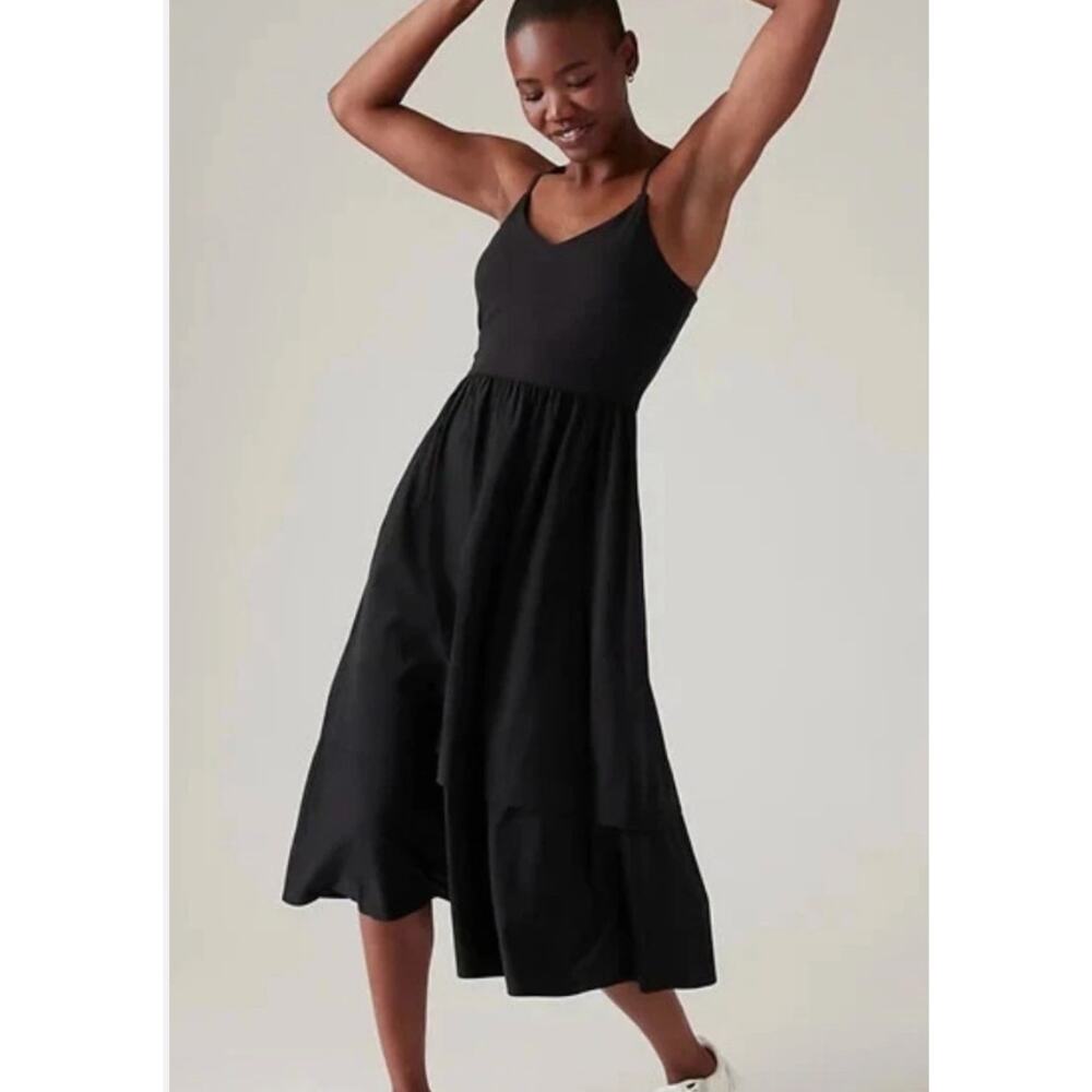 Athleta Women’s Elation V-Neck Hybrid Dress Size Large Black Athleisure Midi